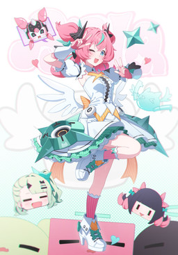 accessory antenna_ears arms_bent back_wings bare_legs bent_leg blue_eyes blush bow_(feature) breasts clothing cute_fangs dress fangs female female_humanoid fingerless_gloves footwear gloves hair hair_accessory handwear heart_symbol highlights_(coloring) light_stick machine medium_breasts one_eye_closed open_mouth pink_clothing pink_footwear pink_gloves pink_hair pink_handwear pink_socks pose reverse_robotization shoes sleeveless_dress socks sparkles sparkling_eyes speech_bubble teeth transformation white_clothing white_dress white_footwear white_shoes white_wings wings gomssi mihoyo zenless_zone_zero aria_(zenless_zone_zero) nangong_yu_(zenless_zone_zero) sunna_(zenless_zone_zero) angel angel_humanoid ghost humanoid robot spirit thiren absurd_res hi_res
