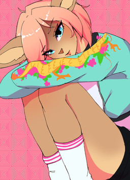anthro biped black_bottomwear black_clothing black_shorts blue_clothing blue_eyes blue_topwear bottomwear brown_body brown_fur clothed clothing eyebrow_through_hair eyebrows eyelashes female footwear fur hair looking_at_viewer pattern_background pink_eyebrows pink_hair shorts simple_background socks solo topwear translucent translucent_hair unsigned v3nusbby pumpkin_spice_(v3nusbby) mammal species_request digital_media_(artwork) hi_res