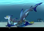anthro blue_eyes looking_at_viewer male shark_fin shark_tail shark_teeth side_view solo striped_body stripes transformation underwater underwater_view water errokioslem fish marine shark full-length_portrait portrait