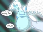 argument belly belly_expansion big_belly big_breasts blue_body blue_skin breasts dialogue duo expansion feathered_wings feathers female female_pred hair hand_on_belly humor inflation long_hair navel open_mouth solo_focus speech_bubble text vore white_hair wings beanystalk adventure_time cartoon_network guardian_angel_(adventure_time) angel guardian_angel human humanoid mammal english_text