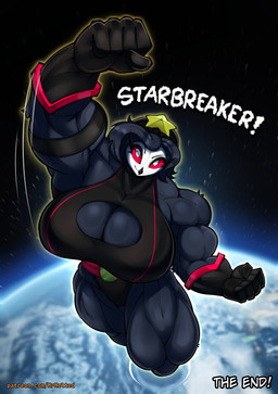 anthro beanie biceps big_breasts black_body black_clothing breasts clothing earth female female_anthro gloves hair handwear hat headgear headwear muscular muscular_anthro muscular_female pink_clothing planet solo superhero_costume text the_end mrmelted hellaverse helluva_boss octavia_(helluva_boss) avian avian_demon bird owl owl_demon 2026 absurd_res comic english_text hi_res