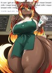 ahoge anthro apron apron_only big_breasts black_sclera breasts clothed clothing container cup curvy_figure dialogue_box female fire fur green_eyes hair holding_container holding_cup holding_object holding_pen huge_breasts huge_thighs looking_at_viewer marker mostly_nude muscular muscular_thighs number pen repeated_text smile smug solo standing text thick_thighs time timestamp voluptuous wide_hips writing_utensil kittellox_(artist) i_mean_breast_milk meme_clothing starbucks caradhina canid canine canis fox mammal wolf absurd_res digital_media_(artwork) english_text hi_res meme