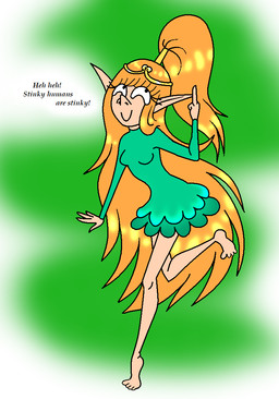 4_fingers 4_toes barefoot bent_arm bent_leg breasts circlet closed_smile clothed clothed_female clothed_humanoid clothing dialogue dress eyelashes feet female female_humanoid fingers gesture gold_hair_ring green_background green_clothing green_dress hair hand_gesture humanoid_pointy_ears insult laugh light long_ears looking_up middle_finger mouth_closed not_furry orange_hair pointy_ears ponytail simple_background small_breasts smile solo straight_arm tan_body tan_skin text toes walking yelling nickyvendetta elf_comic elf_(merrivius) elf humanoid 2026 colored digital_drawing_(artwork) digital_media_(artwork) english_description english_text full-length_portrait lighting portrait