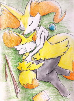 :o ambiguous_anthro ambiguous_feral ambiguous_gender anthro ball biped bird's-eye_view digitigrade dipstick_tail duo eyes_closed featureless_crotch feral flat_chested high-angle_view hug lying markings on_back on_side open_mouth quadruped simple_background sleeping snout stick tail tail_markings eiroru nintendo pokemon braixen canid fennekin generation_6_pokemon mammal pokemon_(species) 2019 colored_pencil_(artwork) colored_sketch full-length_portrait graphite_(artwork) hi_res japanese_description portrait sketch traditional_media_(artwork) translated_description