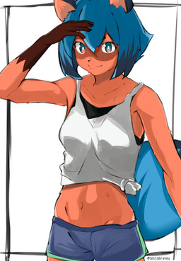 anthro black_body black_fur black_nose blue_body blue_eyes blue_fur blue_hair bodily_fluids breasts brown_body brown_fur clothed clothing female fluffy fluffy_tail fur gloves_(marking) hair markings midriff multicolored_body multicolored_hair navel shirt smile solo sweat tail tank_top topwear testobraveu brand_new_animal studio_trigger michiru_kagemori canid canine mammal raccoon_dog tanuki absurd_res hi_res portrait three-quarter_portrait