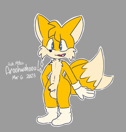 2_tails animal_genitalia animal_penis anthro balls blue_eyes clothing crotch_tuft dipstick_tail flaccid footwear fully_sheathed fur genitals gloves handwear male markings multi_tail navel penis sheath socks solo tail tail_markings tuft yellow_body yellow_fur aroohwahoou sega sonic_the_hedgehog_(series) miles_prower canid canine fox mammal 2023 dated