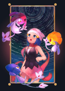 blue_eyes blue_hair clothing female group hair night orange_eyes outside yellow_eyes kkkkbbbbc nintendo pokemon dawn_(pokemon) azelf generation_4_pokemon human legendary_pokemon mammal mesprit pokemon_(species) uxie absurd_res hi_res