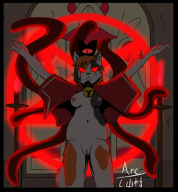anthro bell bell_collar black_border blood blood_leaking blood_on_face bloody_eye bodily_fluids border breasts candle candlestick church cloak cloak_only clothing collar crown female genitals headgear inside nipples nude occult_symbol pentagram raised_arm ritual slightly_chubby slightly_chubby_female symbol tentacles vulva arc_rose cult_of_the_lamb massive_monster_(studio) ciera_locuat calico_cat domestic_cat felid feline felis mammal digital_drawing_(artwork) digital_media_(artwork) hi_res