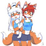 anthro bottomwear clothing crop_top duo female hair happy hug red_hair shirt shorts topwear white_hair joeri_kunisaki enko_(xirix) yuki_(xirix) canid canine fox mammal red_fox true_fox 1:1 hi_res sibling_(lore) twins_(lore)