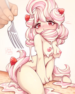 5_fingers areola blush breasts cutlery duo eyebrows eyelashes female fingers food food_hair fork fruit holding_fork holding_object kitchen_utensils looking_at_viewer medium_breasts nipples pink_areola pink_eyebrows pink_nipples plant pseudo_hair red_eyes simple_background sitting strawberry tan_body tools white_background javafluffy nintendo pokemon alcremie generation_8_pokemon human humanoid mammal pokemon_(species) strawberry_sweet_alcremie vanilla_cream_alcremie 2025 colored digital_drawing_(artwork) digital_media_(artwork) hi_res shaded