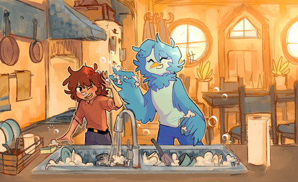 ambiguous_gender anthro arm_support bubble chair clothed clothed_anthro clothed_human clothing door duo emanata freckles furniture inside kitchen kitchen_sink one_eye_closed open_mouth open_smile paper_towel smile sponge table washing_dishes window winged_arms wings young young_human darlie-charlie undertale_yellow clover_(undertale_yellow) martlet_(undertale_yellow) avian bird human mammal 2024 digital_drawing_(artwork) digital_media_(artwork) english_description hi_res female_(lore)