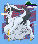 ambiguous_gender belly big_belly blush butt duo endosoma feral open_mouth oral_vore red_eyes safe_vore simple_background tail text vore white_body arceus_tummy nintendo pokemon arceus dialga generation_4_pokemon legendary_pokemon mammal pokemon_(species) hi_res