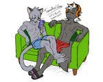 abs anthro athletic athletic_male cellphone clothed clothing digit_ring duo electronics eyes_closed finger_ring headphones jewelry male male/male phone sitting topless raxkiyamato odd_taxi hajime_tanaka_(odd_taxi) shun_imai_(odd_taxi) cougar felid feline mammal mephitid skunk