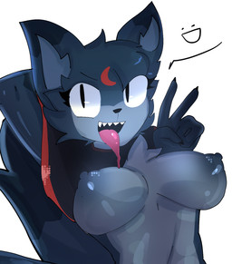 anthro blue_body blue_fur breasts female fur gesture hair hand_gesture looking_at_viewer nipples simple_background smile solo tongue tongue_out v_sign white_background itz_zekex blushcrunch_studio dandy's_world roblox eclipse_(dandy's_world) canid canine canis mammal toon_(dandy's_world) wolf digital_media_(artwork) hi_res