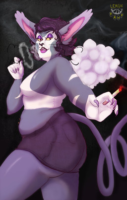 anthro belly big_breasts big_butt breasts butt cigarette claws clothing curvy_figure ear_markings eyeshadow facial_piercing female gjinka lip_piercing lipstick makeup overweight piercing pose sharp_teeth shirt smoke smoke_from_mouth smoking smoking_cigarette solo tank_top teeth thick_thighs topwear whiskers wide_hips lemonpawp nintendo pokemon felid feline generation_4_pokemon mammal pokemon_(species) purugly hi_res pinup