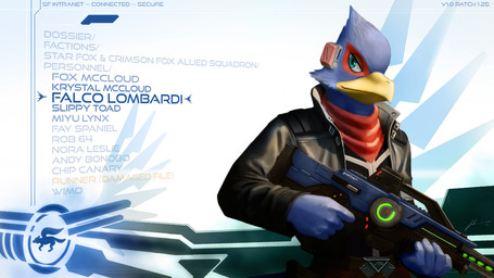 5_fingers accessory anthro bad_trigger_discipline blue_body blue_fur clothing electronics fingers fur gun headgear headphones headset jacket male ranged_weapon rifle solo text topwear weapon jecbrush nintendo star_fox falco_lombardi avian bird falcon falconid 16:9 2012 digital_drawing_(artwork) digital_media_(artwork) english_text widescreen