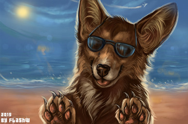 4_fingers aircraft airplane ambiguous_gender beach black_claws black_lips black_nose brown_body brown_fur claws cloud day detailed_background eyewear feral fingers fur happy inner_ear_fluff lips long_mouth looking_at_viewer no_sclera outside pawpads paws pink_pawpads pink_tongue seaside sky snout solo speedpaint summer sun sunglasses tan_body tan_fur tongue tongue_out tuft vehicle water whiskers flashw canid canine canis domestic_dog herding_dog mammal pastoral_dog welsh_corgi 2015 detailed digital_media_(artwork) digital_painting_(artwork) half-length_portrait painting_(artwork) portrait