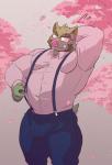 2018 beard bulge cherry_blossom clothing eyebrows eyewear facial_hair glasses hand_behind_head hi_res male mammal musclegut muscular muscular_male pink_clothing pink_shirt pink_topwear plant shirt solo suid suina sus_(pig) suspenders thick_eyebrows tight_clothing topwear tsukigata_rossi wild_boar
