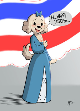 accessory american_flag anthro areola biped black_nose blush blush_lines bow_ribbon breasts clothed clothing dialogue dot_eyes dress embarrassed eyebrows female flat_chested floppy_ears fur hair_accessory hair_bow hair_ribbon holidays looking_at_viewer nipples off_shoulder one_breast_out open_mouth partially_clothed presenting presenting_breasts presenting_chest ribbons simple_eyes solo speech_bubble talking_to_viewer tan_body tan_fur text tongue united_states_of_america young young_anthro young_female ajin 4th_of_july pups_of_liberty anne_kennel canid canine canis domestic_dog mammal 2026 absurd_res english_text hi_res