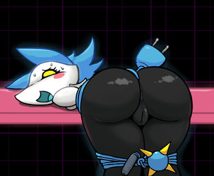 anthro anus arms_tied bent_over blue_hair blue_vulva blush bodily_fluids bound breasts butt clothing electrical_plug female fully_bound furniture genitals hair legs_tied looking_back lying machine on_front open_mouth rear_view simple_background snout solo sweat table vulva weapon whip white_body yellow_eyes anonymous_artist deltarune undertale_(series) tasque_manager darkner robot