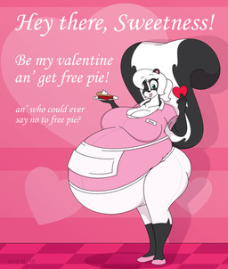 anthro apron belly big_belly big_breasts bottomwear breasts butt clothed clothing copyright_symbol dairy_products dessert female food footwear fur hair heart_symbol holidays huge_breasts hyper hyper_pregnancy multicolored_body multicolored_fur one_eye_closed pants pastry pie pregnant shoes solo symbol text thick_thighs two_tone_body two_tone_fur waitress_uniform whipped_cream white_bottomwear white_clothing white_hair white_pants wink satsumalord valentine's_day stacy_(satsumalord) mammal mephitid skunk 2015 digital_media_(artwork) english_text hi_res