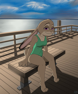 anthro beach bench clothing cloud countershading detailed_background feet female female_anthro fur green_clothing green_swimwear grey_body grey_fur looking_at_viewer on_bench one-piece_swimsuit purple_eyes sitting sitting_on_bench smile smiling_at_viewer solo swimwear tail toes a9ymus disney zootopia judy_hopps european_rabbit lagomorph leporid mammal oryctolagus rabbit 2024 absurd_res digital_media_(artwork) hi_res shaded