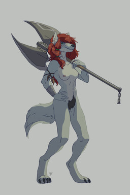 5_fingers anthro armband armor axe battle_axe biped bracers breasts claws cuff_(restraint) double_bitted_axe fantasy_axe fantasy_weapon feathers female fingers fur greataxe green_eyes grey_background grey_body grey_fur hair hairy handcuffs large_weapon melee_weapon metal_cuffs nipples nude pink_nipples pubes red_hair restraints shackles simple_background solo weapon white_body white_fur yeksam blizzard_entertainment warcraft rubella_the_worgen canid mammal werecanid werecreature worgen 2016 2:3 hi_res
