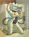 ambiguous_gender anthro blurred_background glistening glistening_body machine pawpads screen screen_face solo text y2k_(graphic_design) dreamatdusk felid feline mammal robot english_text hi_res