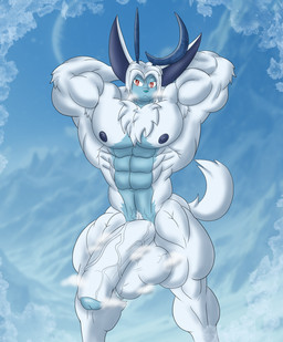 anthro balls blue_body blue_fur erection foreskin fur genitals horn humanoid_genitalia humanoid_penis hyper long_ears male muscular muscular_anthro muscular_male nude palmorph penis solo steamy_balls steamy_breath steamy_penis white_body white_fur flameyverdantfire palworld pocketpair loupmoon pal_(species) hi_res