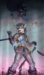 ambiguous_gender anthro armor armwear biped black_goo braided_hair broken_horn broom broom_riding brown_hair cleaning_tool cleavage_cutout clothing collar crossed_legs cutout duo fur goo_drip goo_transformation grey_body grey_fur hair hat headgear headwear highlights_(coloring) horn horn_stump keyhole_clothing knight_armor latex latex_armwear latex_clothing latex_legwear latex_leotard latex_thigh_highs legwear leotard magic_user male markings melee_weapon obscured_eyes pink_highlights ring_(marking) ringed_tail shocked spiked_collar spikes striped_markings striped_tail stripes sword tail tail_markings thigh_highs transformation weapon witch witch_hat 100racs lin_(100racs) bovid canid canine canis caprine goat mammal wolf absurd_res hi_res