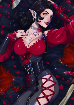 belt breasts choker cleavage clothed clothing corset ear_piercing female gem hair humanoid_pointy_ears jewelry laced_clothing laced_corset laced_pants lingerie lips long_hair necklace not_furry pearl_(gem) pearl_necklace piercing pointy_ears smile solo teeth topwear blackberreh humanoid mammal vampire absurd_res digital_media_(artwork) hi_res