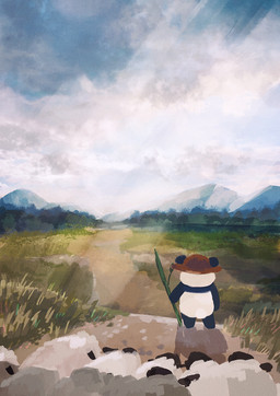 anthro black_body chibi clothing cloud detailed_background group hat headgear headwear mountain outside white_body araru bear bovid caprine giant_panda mammal sheep 2021 absurd_res hi_res