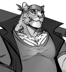 anthro chest_markings chin_tuft closed_smile clothed clothing facial_markings facial_tuft front_view head_markings inner_ear_fluff kerchief leopard_spots looking_at_viewer male markings mouth_closed neck_markings open_clothing open_topwear open_vest pecs shirt smile smiling_at_viewer solo spots topwear torn_clothing torn_shirt torn_topwear tuft vest whiskers purtropos felid leopard mammal pantherine 2023 digital_media_(artwork) half-length_portrait monochrome portrait sketch unfinished