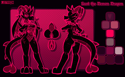anthro anus areola bracelet breasts butt collar female genitals glowing glowing_anus glowing_areola glowing_eyes glowing_genitalia glowing_nipples glowing_outline glowing_vulva heart_(marking) heart_eyes heart_symbol horn jewelry markings nipple_piercing nipples nude open_mouth piercing ripped_wings spiked_bracelet spiked_collar spikes tail teeth vulva wings lustragon mythology lust_(lustragon) demon demon_dragon dragon mythological_creature mythological_scalie scalie absurd_res digital_media_(artwork) hi_res model_sheet