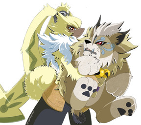 anthro belt brown_body brown_fur carrying_another curled_tail duo feral fur long_ears male orange_eyes pawpads ponytail_ears red_eyes tail yellow_body yellow_fur portugueselynx bandai_namco digimon cougarmon digimon_(species) symbareangoramon