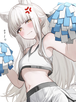 bangs bodily_fluids bottomwear breasts cheerleader clothing crop_top cross-popping_vein female hair human_and_animal_ears midriff multi_ear navel orange_eyes pom_poms shirt skirt small_breasts solo sweat tank_top text topwear white_hair tabhead arknights hypergryph studio_montagne platinum_(arknights) animal_humanoid equid equid_humanoid equine equine_humanoid horse_humanoid humanoid mammal mammal_humanoid 3:4 absurd_res hi_res japanese_text translation_request