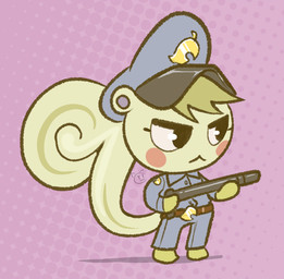 :< abstract_background anthro black_eyes blonde_hair blush blush_stickers clothed clothed_male clothing club_(weapon) dotted_background eyelashes featureless_feet featureless_hands feet fur hair holding_object holding_weapon looking_aside male melee_weapon nightstick pattern_background police police_baton police_hat police_uniform simple_background smug_villager solo uniform weapon white_body white_fur conditional_dnp teckworks animal_crossing nintendo marshal_(animal_crossing) grey_squirrel mammal rodent sciurid tree_squirrel 2020
