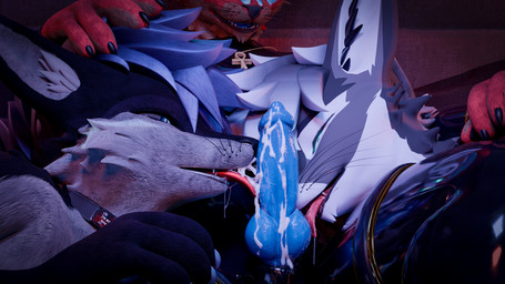 animal_genitalia animal_penis ankh anthro armwear balls black_latex blue_body blue_eyes blue_fur blue_penis bodily_fluids brown_body brown_fur canine_genitalia canine_penis clothed clothing cuffs_(clothing) cum dominant dominant_anthro dominant_male drone dronesuit egyptian erection fur genital_fluids genitals glistening glistening_body group hair latex latex_armwear latex_clothing latex_legwear latex_skinsuit legwear licking male male/male multicolored_body multicolored_fur multicolored_hair muscular muscular_male oral penile penis penis_lick red_body red_fur reflection sex sheath skinsuit submissive submissive_anthro submissive_male tight_clothing tongue trio worship ellerisntactive isaacjexo neonkapawn deity jex rexouium 3d_(artwork) absurd_res digital_media_(artwork) hi_res