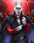4:5 7theaven absurd_res anthro belt black_sclera canid canine canis claws clothing coat_cape death_(puss_in_boots) dreamworks fur hi_res male mammal necktie puss_in_boots_(dreamworks) red_clothing red_eyes red_shirt red_topwear shirt solo topwear white_body white_fur white_necktie wolf