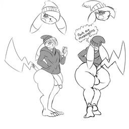 3_toes anthro anthrofied anus backsack balls beanie big_butt bottomless bottomless_anthro bottomless_male butt clothed clothing collar electronics feet femboy genitals hat headgear headwear jacket male pantsless pantsless_anthro pantsless_male paws penis phone pokemorph soles solo text thick_thighs toes topwear wide_hips conditional_dnp zp92 nintendo pokemon alex_(zp92) generation_1_pokemon pikachu pokemon_(species) 1:1 english_text hi_res monochrome sketch