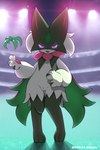 anthro female genitals glowing glowing_eyes green_body looking_at_viewer open_mouth purple_eyes pussy smile solo thigh_gap konzaburou nintendo pokemon generation_9_pokemon meowscarada pokemon_(species) 2:3 absurd_res hi_res