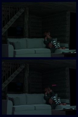 anthro arm_warmers armwear clothing electronics female fur furniture leg_warmers legwear open_mouth red_body red_fur robe sad shirt sofa solo television tired topwear yawn flailingfornication origin_species 2:3 3d_(artwork) absurd_res comic digital_media_(artwork) hi_res