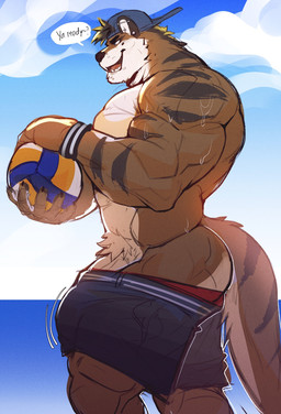 abs anthro backwards_baseball_cap backwards_cap backwards_hat ball barazoku baseball_cap biceps big_muscles big_pecs body_hair brown_body brown_fur bulge butt clothed clothing erection erection_under_bottomwear erection_under_clothing erection_under_shorts exposed_butt fur genitals hat headgear headwear male manly muscular muscular_anthro muscular_male pecs penis pubes sagging sagging_pants side_view solo tail text thick_arms thick_thighs topless topless_anthro topless_male vein veiny_penis volleyball_(ball) o_reowoof reolixious kyo_(kiasano) mammal mustelid otter english_text hi_res
