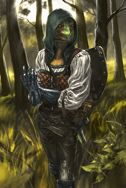 anthro armor breasts clothing detailed_background female forest gauntlets gloves grass handwear hood leaf melee_weapon nature non-mammal_breasts orange_eyes outside plant scenery shield solo sword tree weapon wood mad_(artist) bethesda_game_studios microsoft oblivion the_elder_scrolls dar-ma argonian scalie hi_res