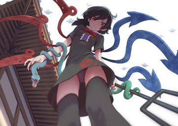 ambiguous_feral ambiguous_gender black_clothing black_dress black_hair black_legwear black_thigh_highs blue_body blue_scales blue_wings bow_tie breasts clothed clothed_female clothed_humanoid clothing coiling dress duo female feral forked_tongue hair holding_melee_weapon holding_object holding_polearm holding_trident holding_weapon humanoid_pointy_ears legwear looking_at_viewer looking_down looking_down_at_viewer low-angle_view melee_weapon not_furry_focus panties panty_shot pointy_ears polearm pupils red_bow_tie red_eyes red_wings scales short_hair short_sleeves slit_pupils small_breasts thigh_highs tongue trident underwear unusual_anatomy unusual_wings upskirt weapon wings worm's-eye_view kawayabug touhou nue_houjuu humanoid reptile scalie snake winged_humanoid 2022 hi_res
