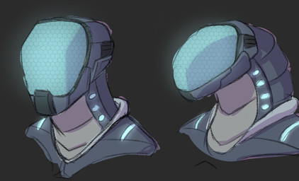 ambiguous_gender armor clothed clothing duo futuristic grey_background headgear helmet obscured_face simple_background suit visor jezzlen ambiguous_species bust_portrait portrait