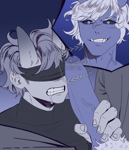 5_fingers big_penis black_blindfold black_clothing black_sclera black_topwear blindfold blue_body blue_eyes blue_glans blue_horn blue_pupils blue_skin bodily_fluids bottomwear clenched_teeth clothed clothed_humanoid clothed_male clothing cutaway drooling duo erection eyebrow_through_hair eyebrows fingernails fingers foreskin genitals glans gradient_background gradient_horn grey_bottomwear grey_clothing grey_hair grey_horn grey_pants grin hair horn humanoid_genitalia humanoid_on_humanoid humanoid_penis intraspecies male male/male male_humanoid monotone_body monotone_bottomwear monotone_clothing monotone_hair monotone_pants monotone_skin monotone_topwear multicolored_horn nails not_furry pants partially_retracted_foreskin penis penis_grab pubes pupils saliva short_hair simple_background smile teeth text topwear touching_penis translucent translucent_hair tusks two_tone_horn urethra vein veiny_penis white_body white_eyebrows white_hair white_horn white_pubes white_skin sirbotik aleksi horned_humanoid humanoid artist_name english_text hi_res shaded watermark
