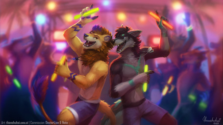 anthro bottomwear clothed clothed_anthro clothed_male clothing dancing detailed_background dog_tags duo_focus glowstick group jewelry male necklace palm_tree plant rave shorts shorts_only topless tree thanshuhai dexterlion nate_(nate17) canid canine canis felid hybrid lion mammal pantherine wolfdog 16:9 2022 dated digital_media_(artwork) digital_painting_(artwork) painting_(artwork) widescreen