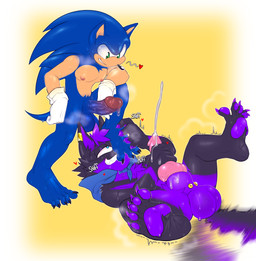 animal_genitalia animal_penis anthro anthro_on_anthro balls black_body black_fur blue_balls blue_body blue_eyes blue_fur blue_penis bodily_fluids canine_genitalia canine_penis cheek_tuft cum cumshot dripping duo ear_piercing ear_ring ejaculation facial_tuft feet foot_fetish foot_on_face fur genital_fluids genital_raphe genitals green_eyes grin hair knot lying male male/male nipples on_back pawpads penis piercing pink_penis precum precum_drip purple_balls purple_body purple_fur purple_hair purple_pawpads raphe_(anatomy) ring_piercing scrotal_raphe short_hair simple_background smile standing sweat sweaty_arms sweaty_balls sweaty_feet sweaty_genitalia sweaty_legs tail tail_motion tailwag tan_body tuft yellow_background iamnotmetal sega sonic_the_hedgehog_(series) sonic_the_hedgehog verne_nicolaio canid canine canis eulipotyphlan hedgehog mammal wolf absurd_res hi_res