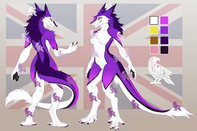 anthro biped breasts claws female fur nude purple_body purple_fur solo standing tail tuft white_body white_fur omez anyona_blepington_(character) sergal distracting_watermark model_sheet watermark